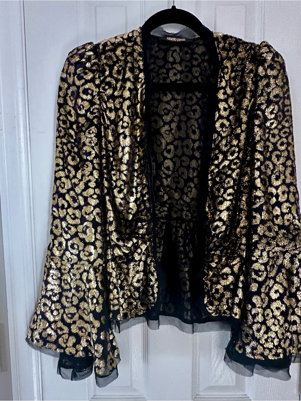 Women’s Roberto Cavalli V-Neck Half Zip Jacket Sz 40/4, Gold Velvet, Silk Hem - Picture 2 of 10